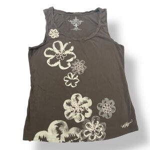 Tommy Hilfiger Brown Floral Tank Top L – Embellished Flowers, Twisted Trim